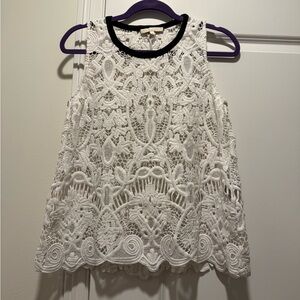 White Lace Sleeveless Top with Black Trim